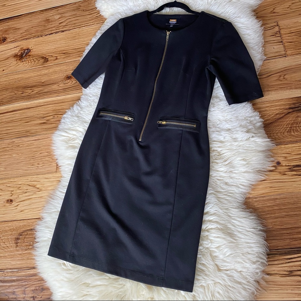 Lori Michaels Stretch Gold Zipper Dress Small 3/4 Sleeve